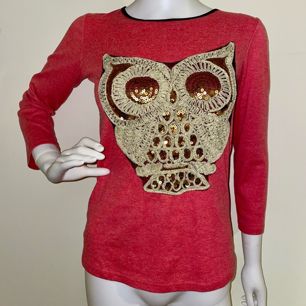 Eunice Lai Long Sleeve Short Sequin Owl Black Neck Trimming Pink/Red Girls S/M